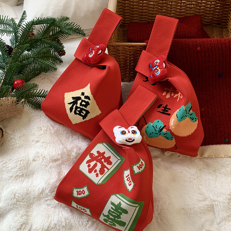 2025 nuevo año de la serpiente bolsas de punto bolsas de regalo corporativas prácticas creativas bolsas de regalo de boda festiva roja bolsas de dulces