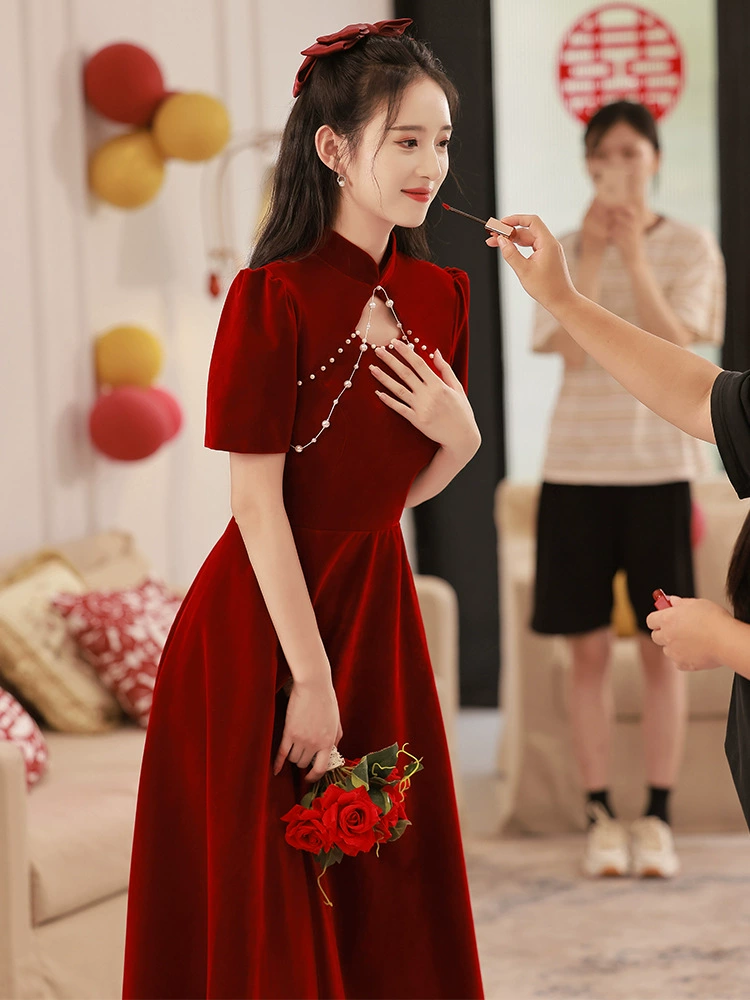 Summer evening dress, red velvet long cheongsam, wedding dress