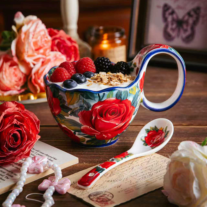 Rose Flower Design - 2-Piece Set of Cups with Handles and Spoons, Underglaze Colored Polish Ceramic Tableware for Drinking Soy Milk and Coffee