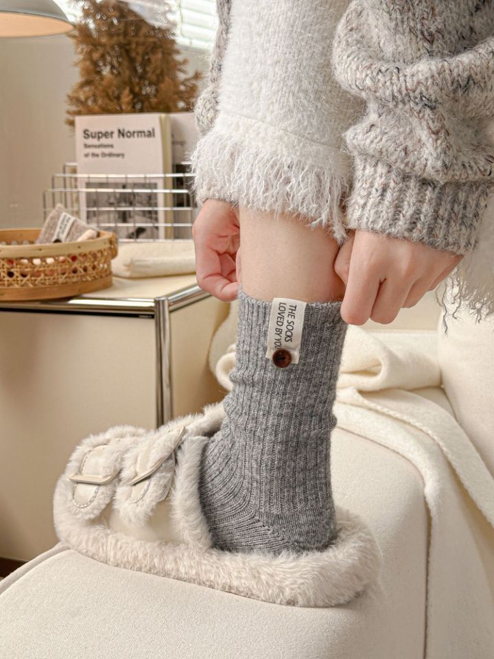 5shuang Button Wool Stockings Children's Medium Tube Socks Solid Color Thickened Warm Versatile Japanese Stacking Socks_voghion.com