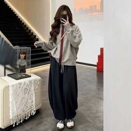 韩系撞色连帽卫衣外套女2026早秋新款宽松百搭休闲阔腿裤两件套