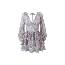 短款法式复古小众度假风性感露背深V领碎花长袖雪纺连衣裙