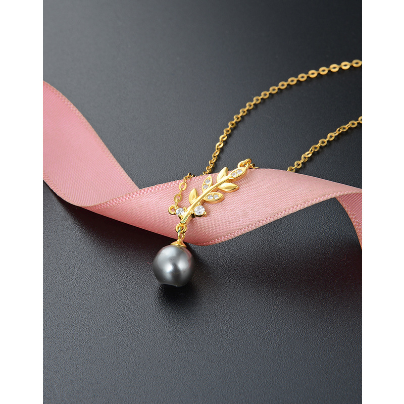 Hoja de diamante las mujeres elegantes accesorios colgante s925 plata ZIRCON negro perla collar Corea del Sur simple clavícula cadena