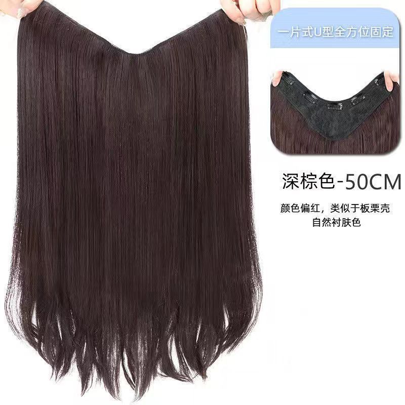 女性用ワンピースV字型ロングカールウィッグ、目立たないシームレスな大きなウェーブヘアエクステ、自然なふんわり感の人工毛ヘアピース|undefined
