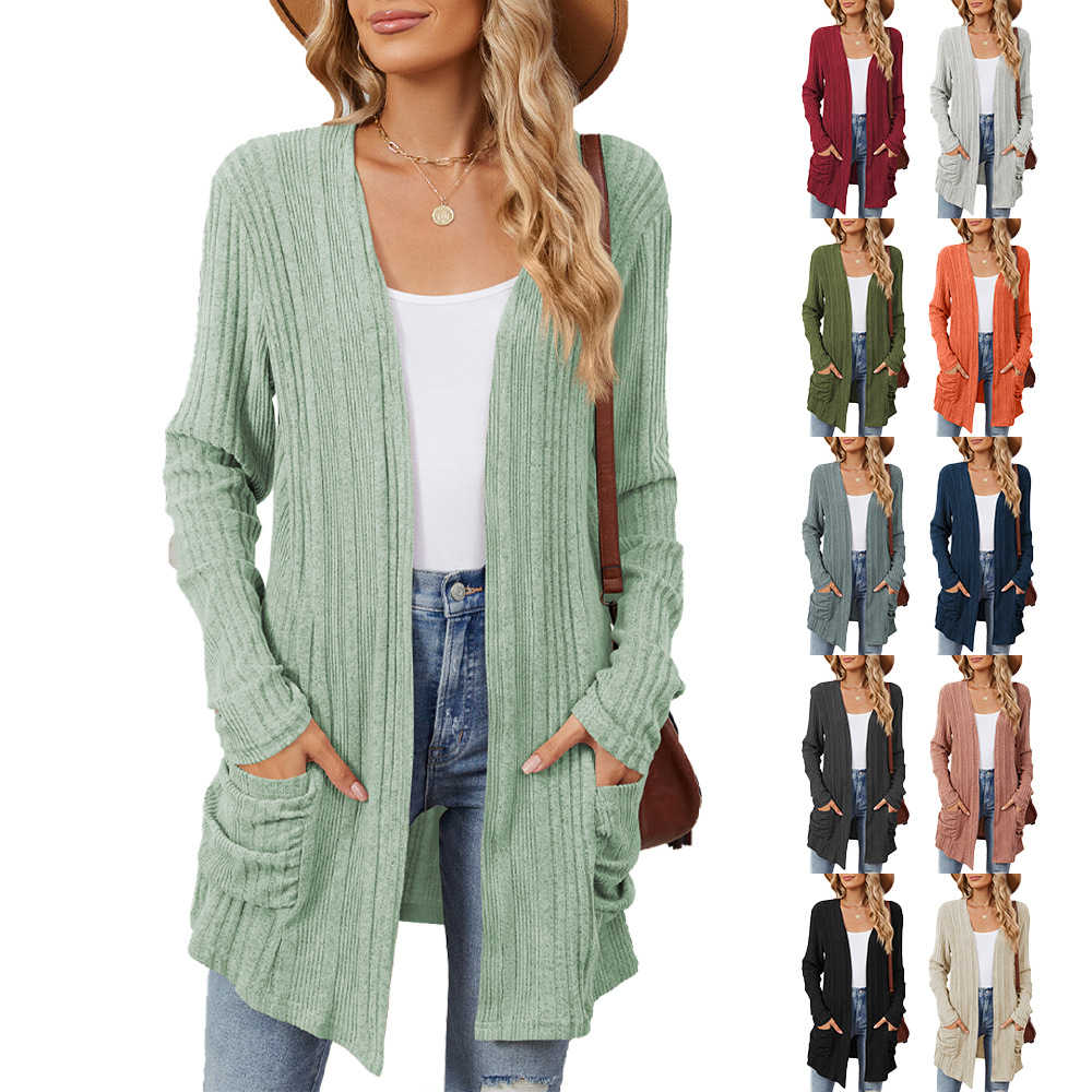Amazon Europe and the United States cross-border foreign trade 2024 autumn and winter new solid color sanding pocket long sleeve cardigan coat women's top