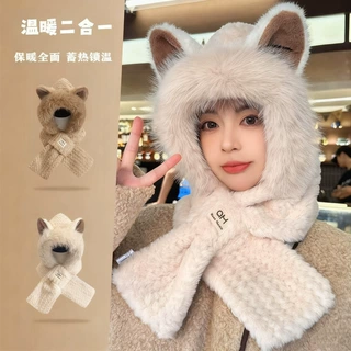 新款加绒帽子女秋冬季围巾一体保暖加绒骑车围脖可爱防寒护耳帽子