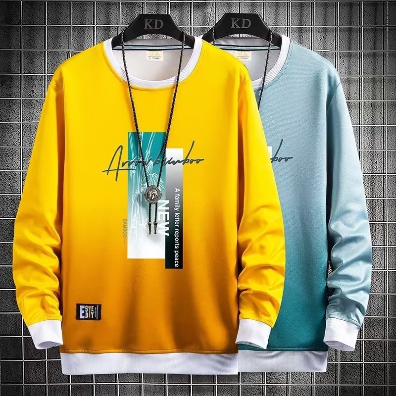 Mr. Qi Clothing Gradual Change T-shirt Men's Autumn New Long-sleeved Student Sweatshirt Top Korean Style Round Neck Sweatshirt for Youth