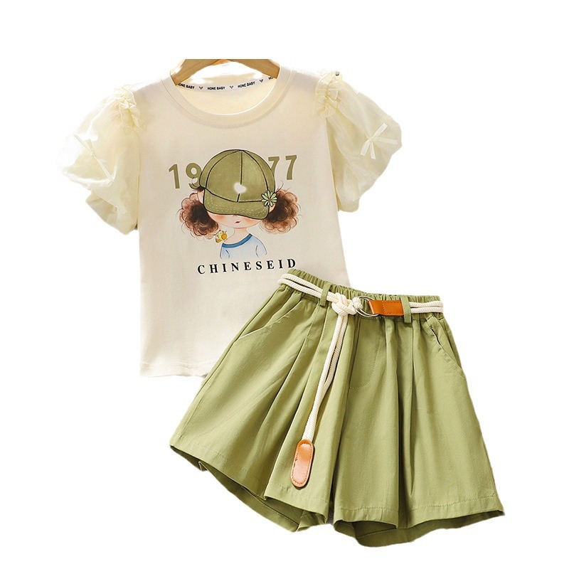 Kinderkleidung Mädchen Sommermode Set, Große Kinder Kurzarm Oberteil, Weite Hosen Shorts, Sportbekleidung_voghion.com