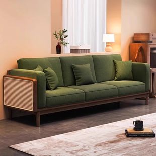 New Chinese Wooden Fabric Sofa Chair Rattan Wooden Sofa Combination Homestay Living Room Small Apartment Black Walnut Color