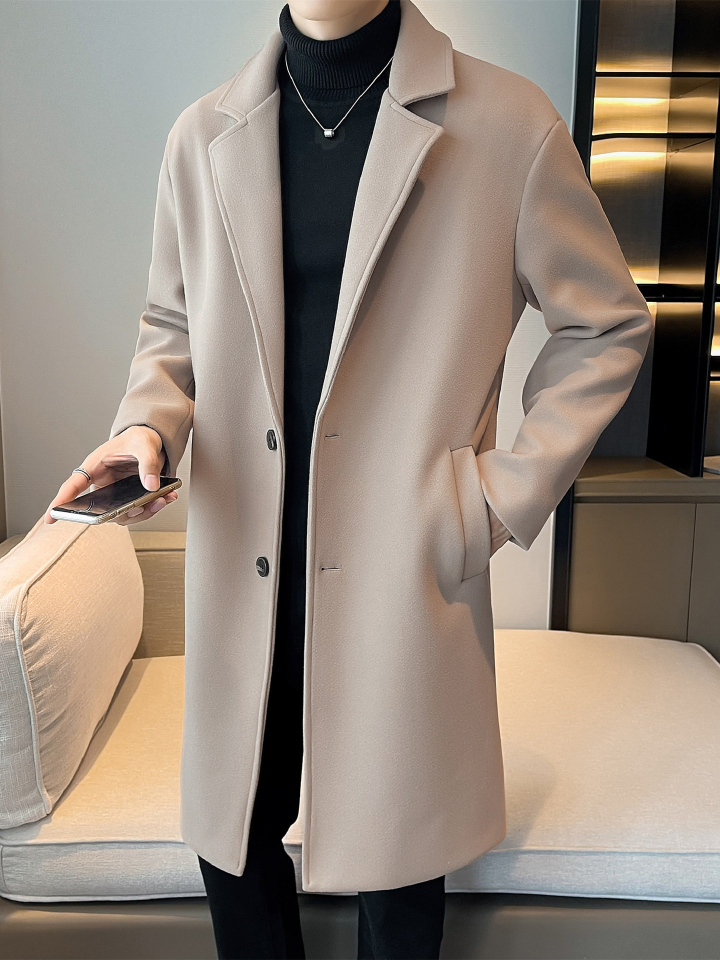 Men's mid-length woolen overcoat, trendy and thick, loose fit, khaki woolen coat for autumn and winter.