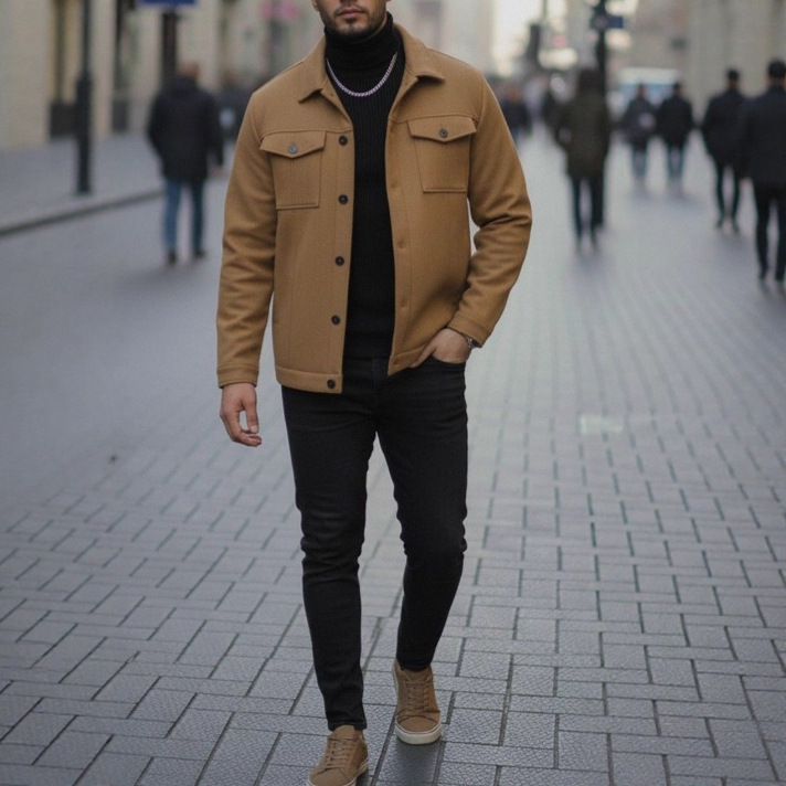 25 European and American Cross-Border Amazon Temu Autumn and Winter Lapel Woolen New Men's Jacket Casual Sports Business Jacket