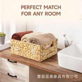 水葫芦草编收纳篮带绣花桌面化妆品收纳筐零食杂物储物筐编织篮