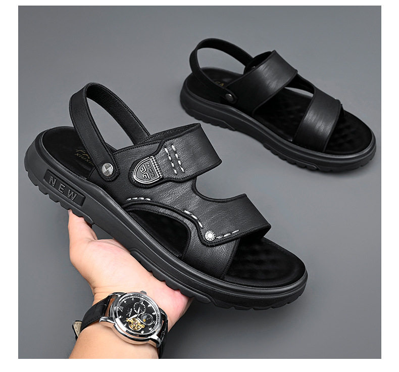 Dép sandal nam quai ngang hở ngón đế dày lót cao su mềm, đi ngoài trời và đi biển — QS991 màu kaki, QS991 màu đen chi tiết 19