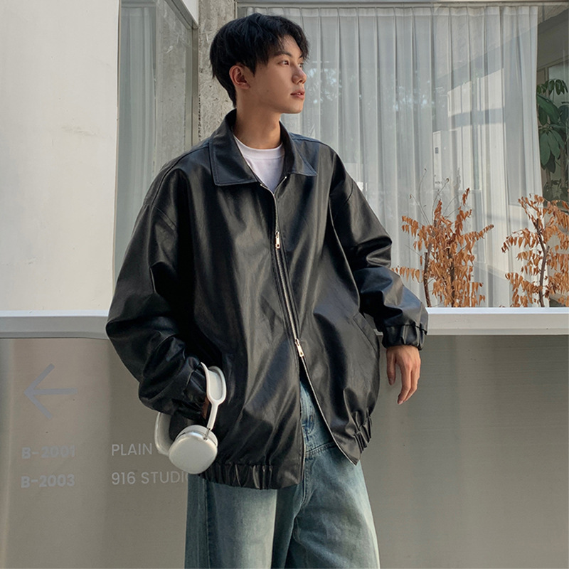 Abrigo de cuero de los hombres otoño americano retro moda marca pu guapo de alto grado sentido frito calle más tamaño suelta motocicleta pu chaqueta de cuero