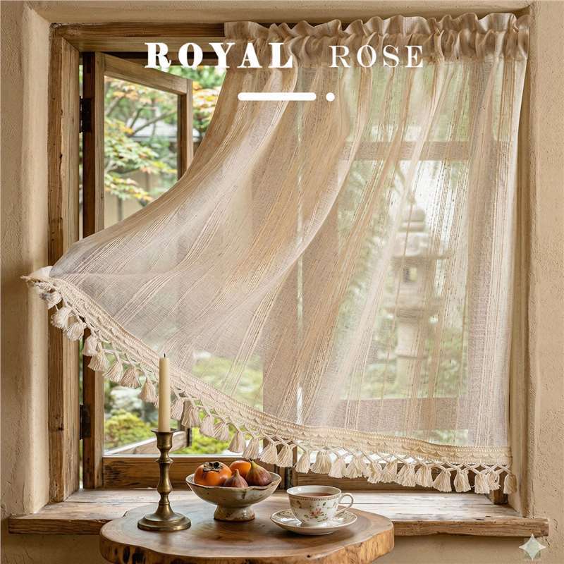 Linen Gauze Curtain in Milk Tea Color, Japanese-Style Natural Wood Style with Tassels, Half Curtain for Bedroom, Kitchen, Bay Window, and Door Curtain Linen Gauze Curtain in Milk Tea Color, Japanese-Style Natural Wood Style with Tassels, Half Curtain for Bedroom, Kitchen, Bay Window, and Door Curtain