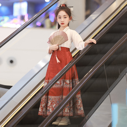 Little Girl's Mamian Skirt Spring Hanfu Set National Style 2024 New Version Ming Style Improved Tang Suit National Trend Flower Girl Dress