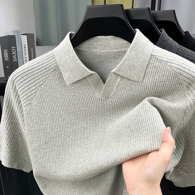 100% Pure Cotton Men's Knitted T-Shirt with Pineapple Pattern, Scissor Collar, Short Sleeves, Breathable, New Summer Style Men's Shirt