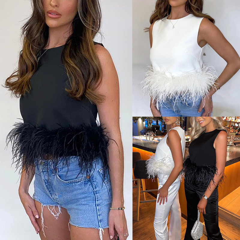 Cross-border foreign trade summer furry vest solid color hem stitching feather round neck sleeveless top female SU2890