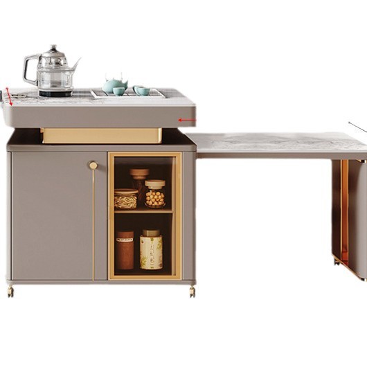 Mesa de comedor de mesa de mesa de isla integrada, losa de roca de lujo ligero, giratoria, retráctil, móvil, cocina de inducción doméstica moderna, combinación de mesa y silla de comedor