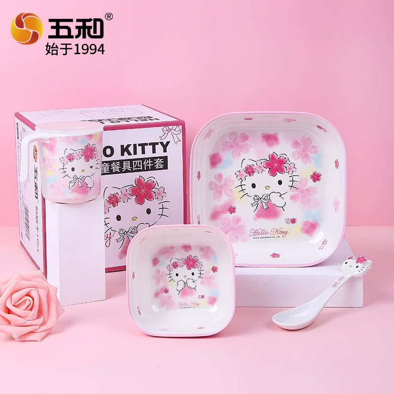 五和 Hello kitty, посуда для кормления, подарочная коробка, детская тарелка для кормления с мультяшным дизайном, ложка