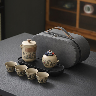 Travel Tea Set, One Pot, Three or Four Cups, Stoneware Quick Cup, Company Event, Business Souvenir, Printed Logo