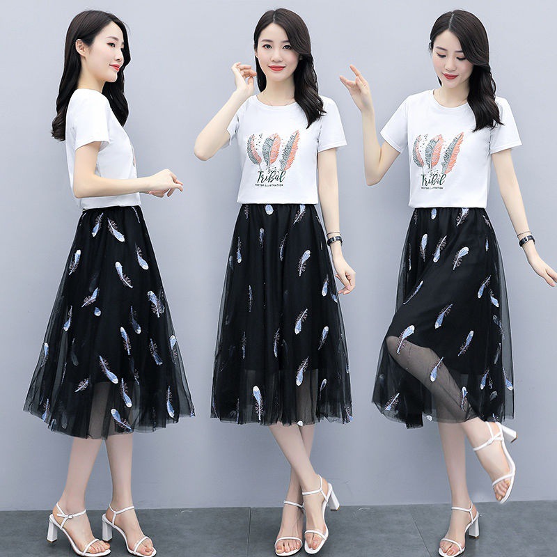 suit Two piece set Western style 2022 A summer new pattern printing T-shirt Embroidery Gauze skirt suit