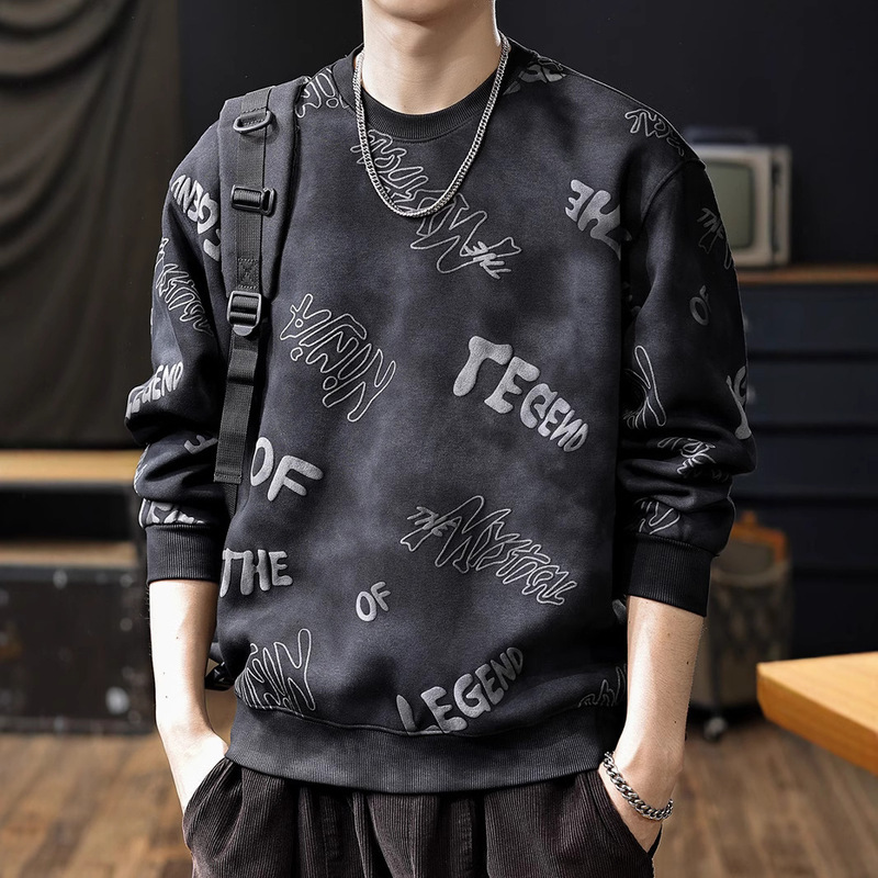 Cloud Dye Full Print Vintage fleece-lined Thickened Round Neck Sweatshirt Men's Autumn and Winter Loose plus size Thick Top Jacket