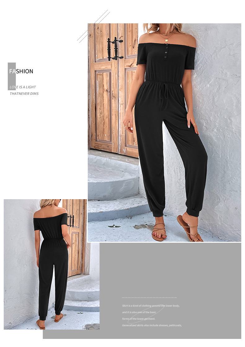 Tuta casual con spalle scoperte e colletto a una linea in tinta unita_voghion.com