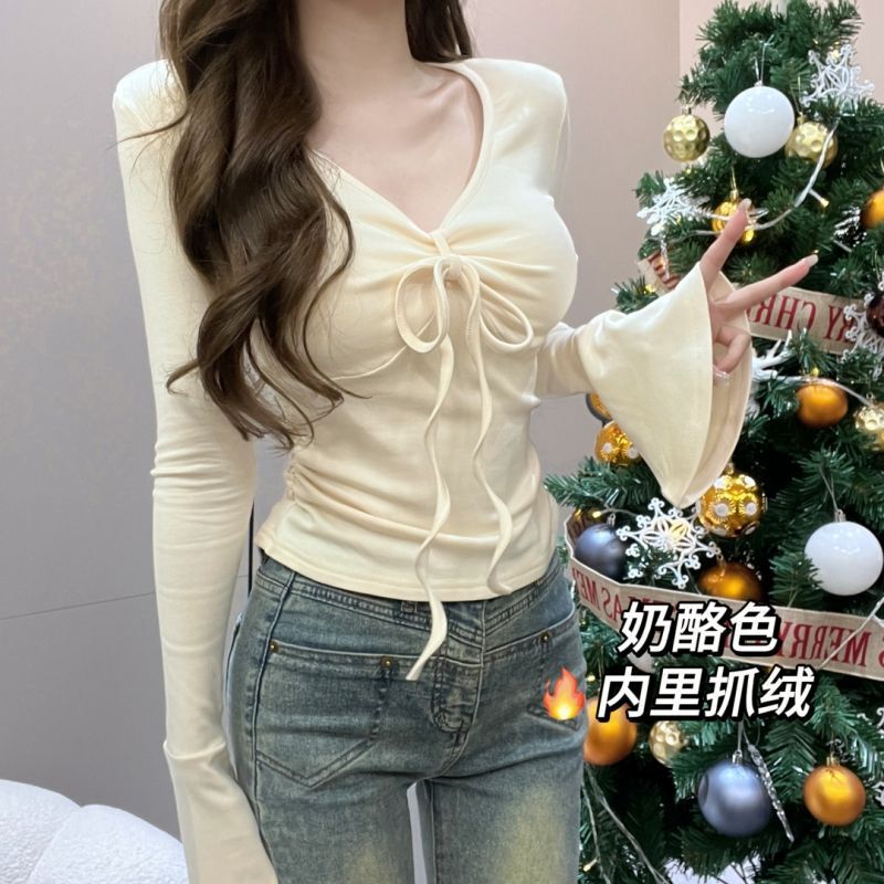 Factory Ready Stock Wholesale Korean Style Early Autumn Pure Lust Hot Girl Drawstring Long-Sleeved Shirt Slimming Look Bell-Sleeved Top Factory Ready Stock Wholesale Korean Style Early Autumn Pure Lust Hot Girl Drawstring Long-Sleeved Shirt Slimming Look Bell-Sleeved Top
