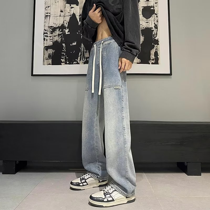 Jeans chicos 2024 primavera y otoño americano retro amarillo barro lavado desgastado holgado recto marca de moda pantalones anchos de calle alta