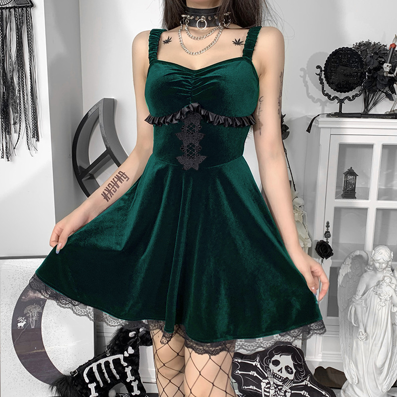 Gothic Style Suede Lace Suspender Dress NSGYB111782