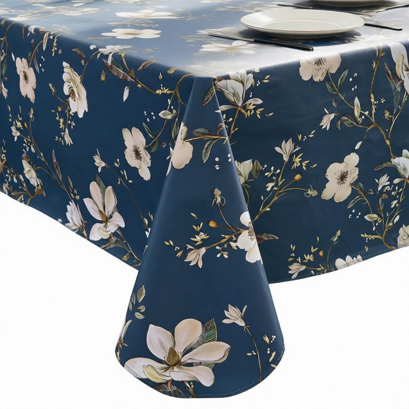 Cross-Border Foreign Trade White Floral Dark Blue Waterproof Tablecloth Digital Printing Creative Gift Removable and Washable Factory Direct Sale Cross-Border Foreign Trade White Floral Dark Blue Waterproof Tablecloth Digital Printing Creative Gift Removable and Washable Factory Direct Sale