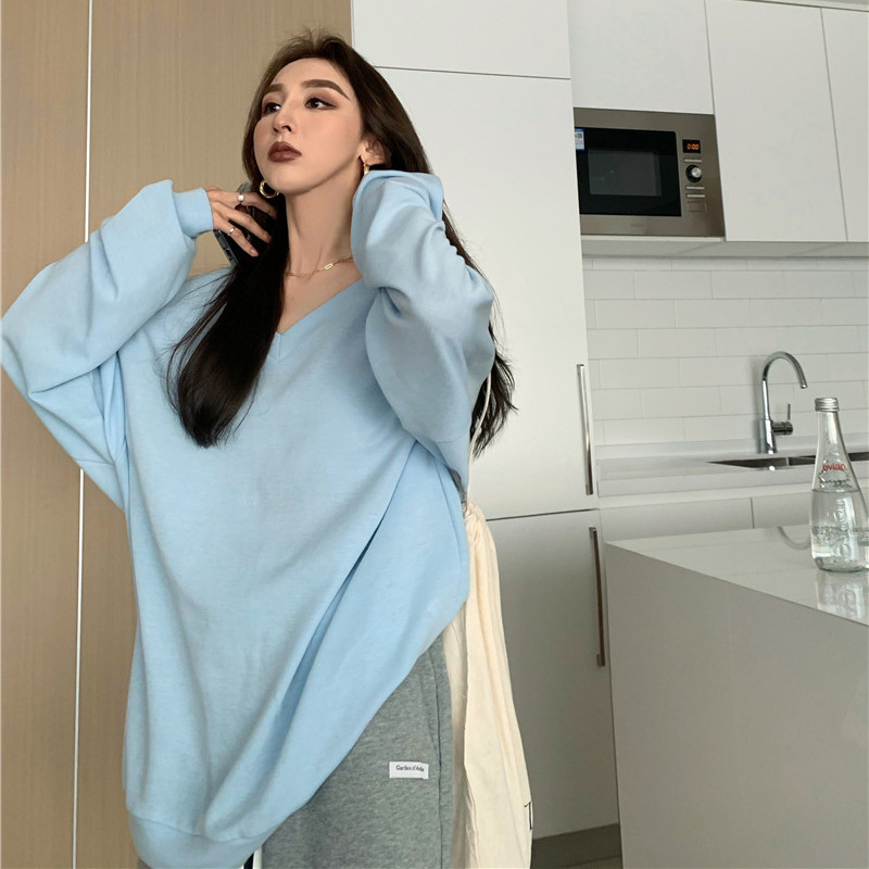 De gran tamaño más el tamaño de cuello en V de manga larga Camiseta de las mujeres de otoño e invierno de color sólido delgada camisa suelta de fondo de comercio exterior de media longitud superior image 5