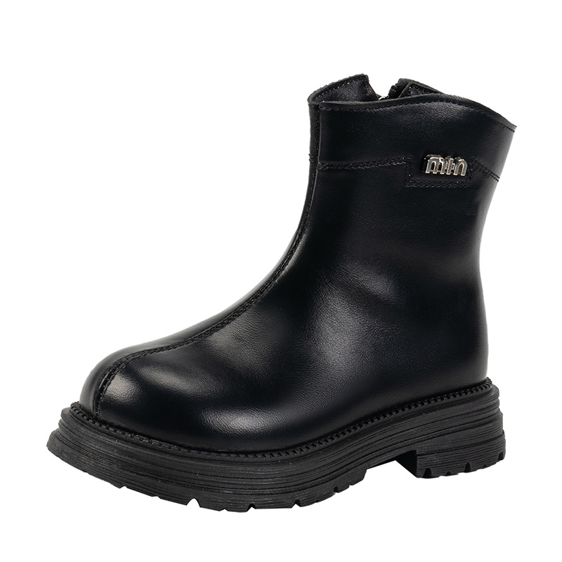 Girls' stylish metal letter diagram solid color medium top small leather boots, new men's and women's side zipper casual_voghion.com