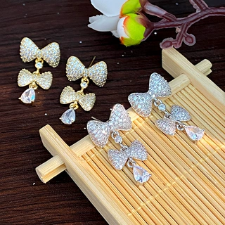 轻奢小众精致锆石水滴蝴蝶结耳环S925银针耳钉百搭气质高级感耳饰