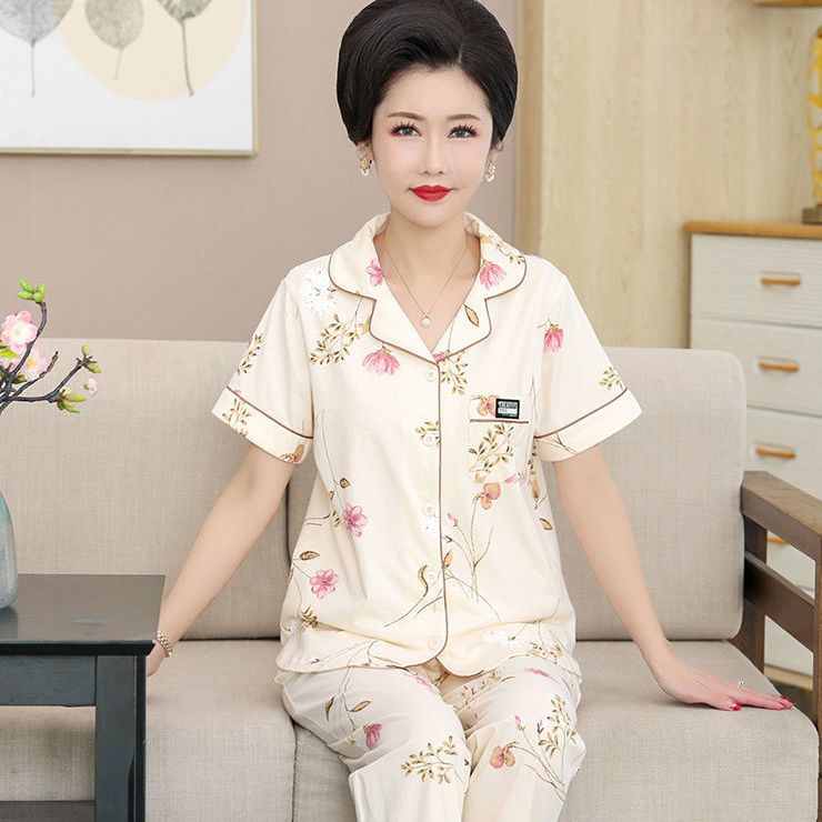 Middle-aged mother 100% cotton pajamas women's summer middle-aged and elderly short-sleeved trousers lapel home suit relaxed-fit
