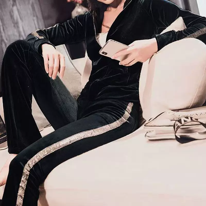 金丝绒薄套装女秋冬欧美跨境新款连帽卫衣时尚喇叭裤运动服两件套