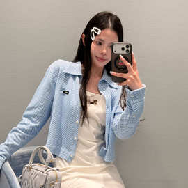 一件代发MIU系~南油女装26新款蓝白格外套少女感短款字母减龄开衫