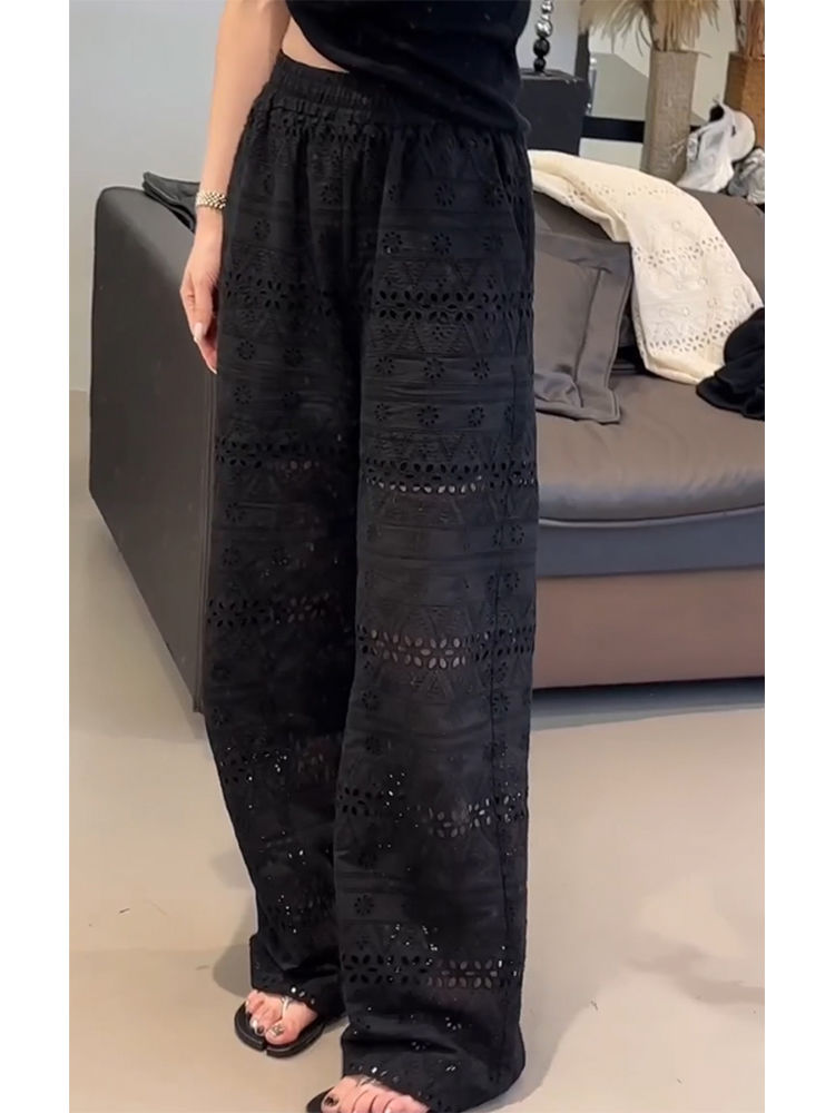 Plus Size High Waisted Lace Hollow Out Wide Leg Pants Summer Thin Loose Slimming Casual Straight Leg Pants For Women_ecoleips.com
