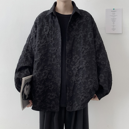 Chic Men's High-End Shirt with Korean Style Trendy Relief Print Design, Unique and Minimalist, Autumn/Winter 2025 New Arrival Shirt & Outerwear