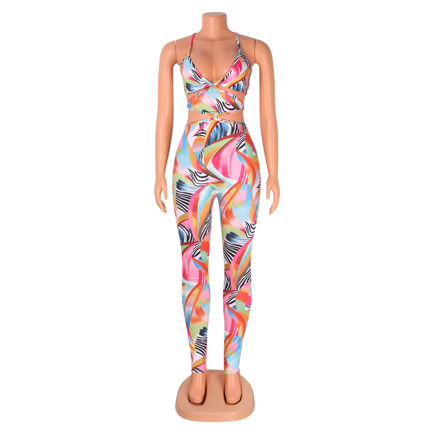 Summer Women Clothing Sexy Nightclub Digital Printing Cross Strap Jumpsuit