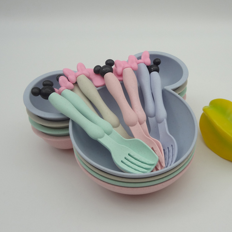 供應精美小麥稭稈兒童餐具套裝 創意米妮蝴蝶結餐具 卡通分隔盤