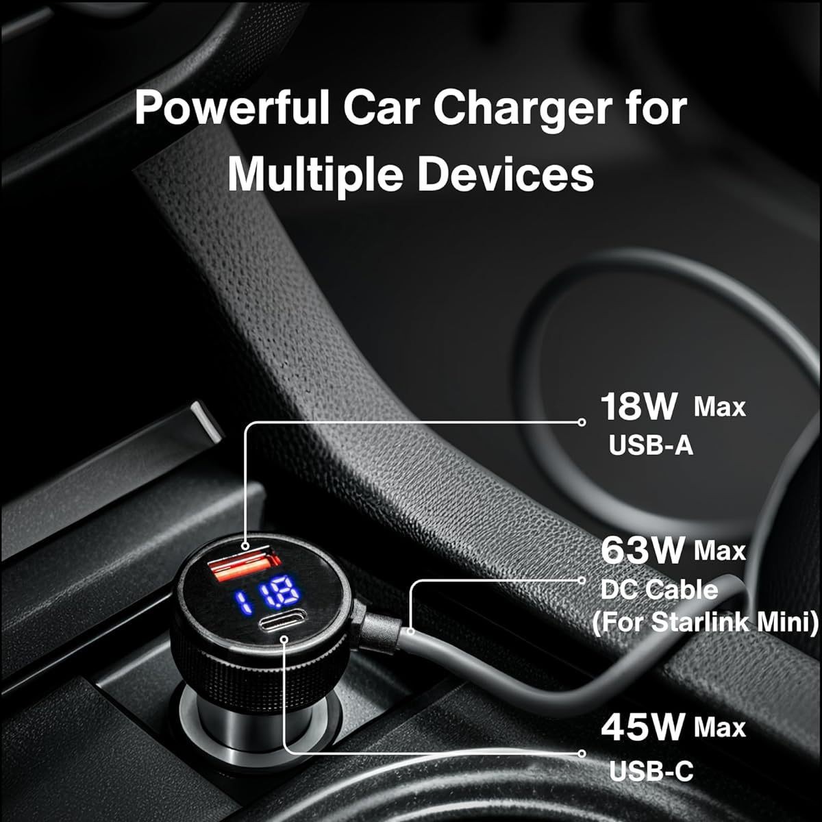 Amazon's Popular Fourth-Generation Mini Digital Display Car Charger, Waterproof Three-In-One Power Cord, Multi-Functional Car Charger