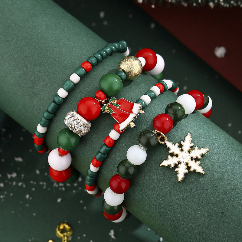 Cross-Border Christmas Ornaments Snowflake Christmas Hat Bracelet Reindeer Beaded Christmas Snowman Bracelet Jewelry Set Wholesale