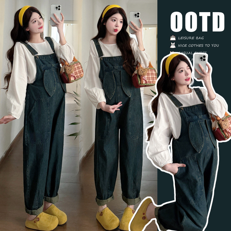 Maternity wear for autumn, loose and casual, new Korean style, plus size, versatile denim overalls with puff sleeve shirt two-piece set