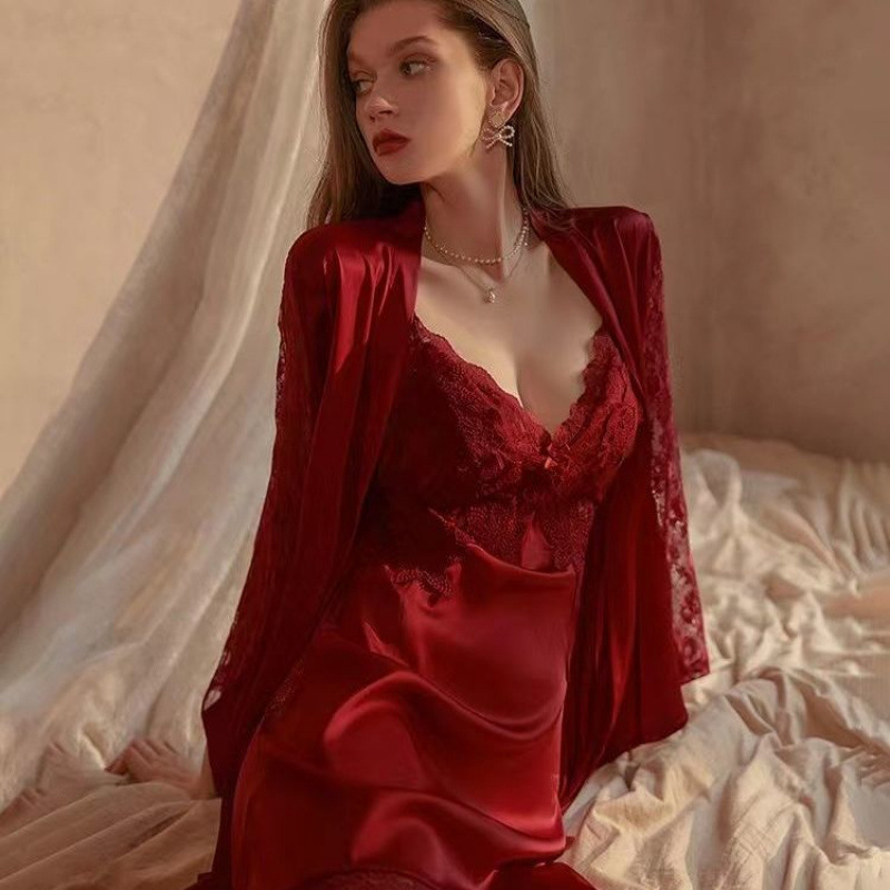 莘辰纯欲红色结婚睡衣性感冰丝吊带带胸垫蕾丝睡裙私房家居服套装