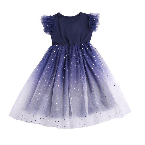 New 2024 Summer Outfit for Girls, Stylish Starry Sky Gradient Short-Sleeve Princess Dress with Tulle Skirt for Children