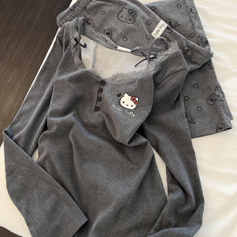 ins韩版卡通kitty猫蕾丝睡衣女秋季2025新款长袖长裤家居服套装潮|undefined