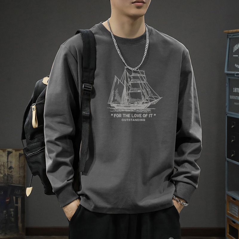 200g Cotton Long-Sleeved T-Shirt for Men, Loose Large Size, Autumn and Winter Round Neck Base Shirt, Loose Large Size 85-107.5kg