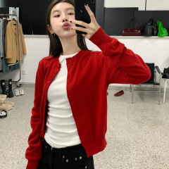 时尚红色针织衫女毛衫外套正肩刺绣棉毛衣开衫薄款春秋上衣内搭